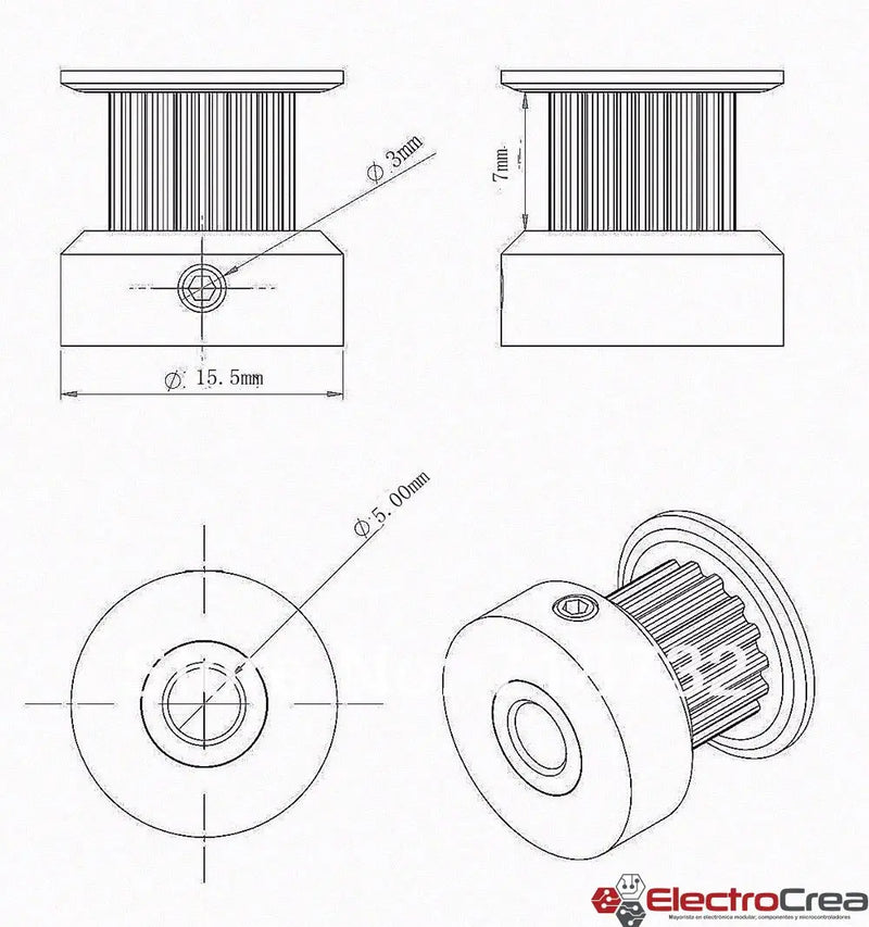 Polea dentada GT2 20 dientes 5mm - ElectroCrea