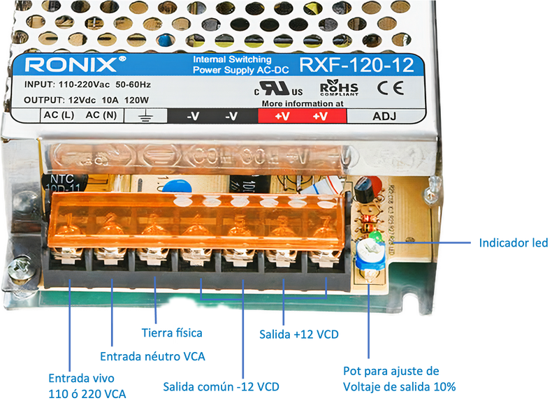 12v 10A Fuente de voltaje conmutada RONIX RFX-120-12