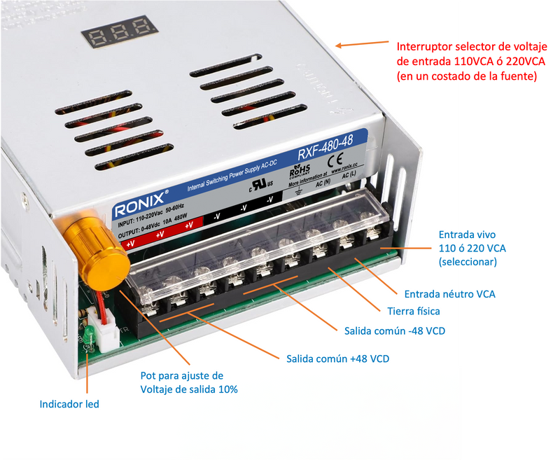 0-48v 10A Regulable fuente de voltaje conmutada RXF-480-48