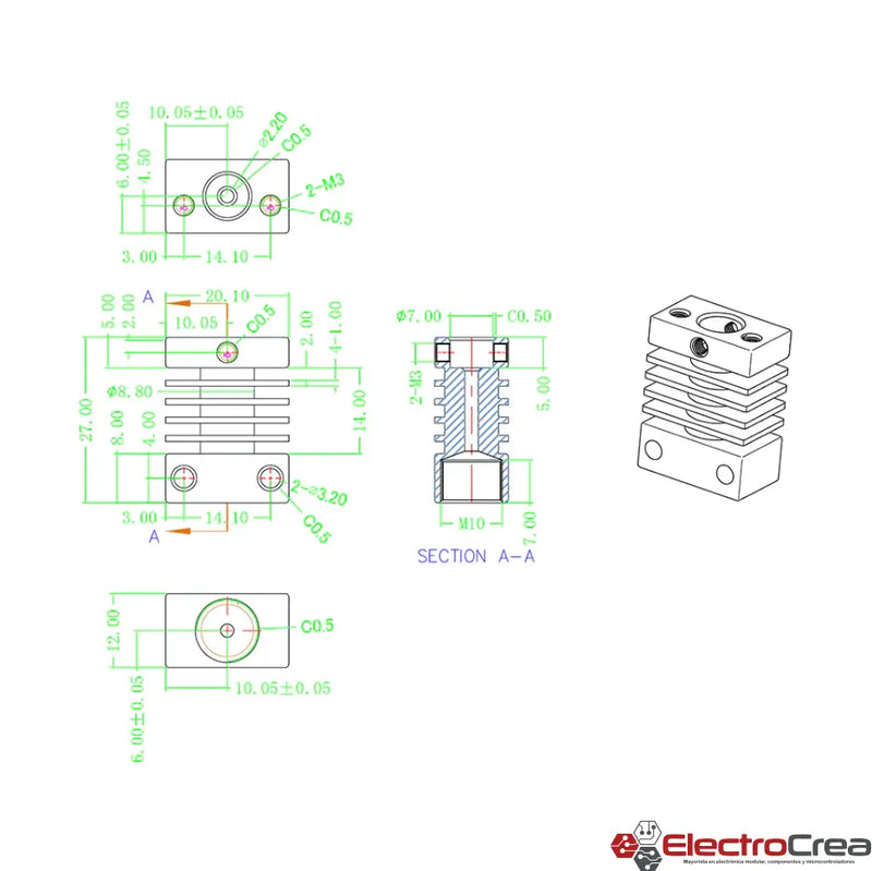 CR10 12V 1.75mm Hotend extrusor 0.4mm - ElectroCrea