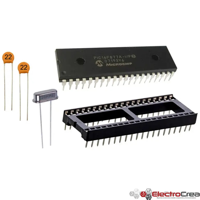 Kit PIC16F877A-I/P + Capacitor 22pf + Cristal 20MHz + Base 40pin - ElectroCrea